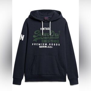 Superdry Men's Organic Cotton Vintage Logo Hoodie VI Hood Midnight Blue Grit NWT
